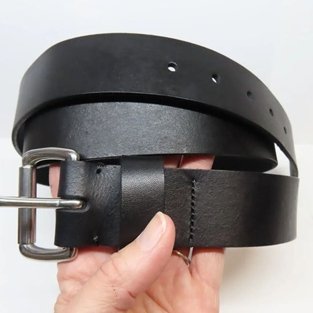 IMPERFECT 45" Handmade 100% cow hide black leather belt plain smooth buckle N